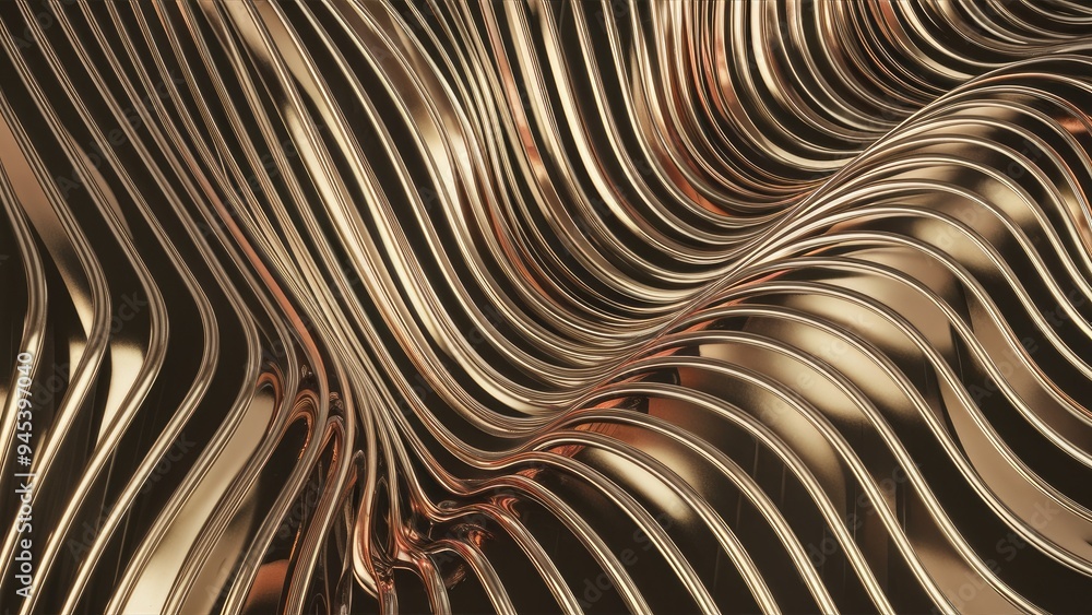 Poster shiny metallic stripes with wavy texture - 3d rendering
