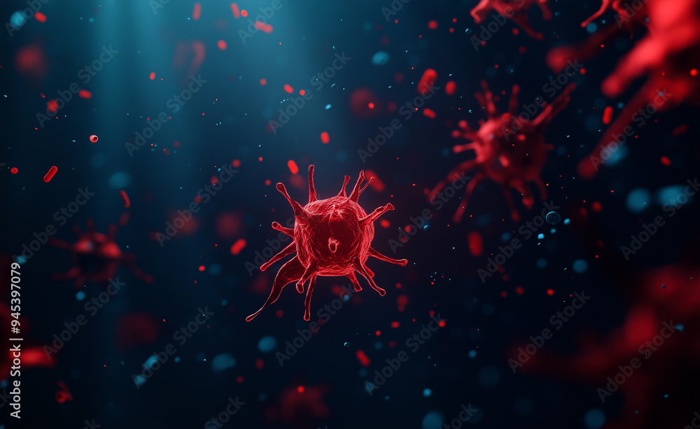 Poster digital representation of mpox virus particles floating in a dark environment, symbolizing viral inf