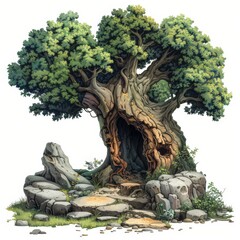 A large, gnarled tree with a hollow trunk, surrounded by rocks and greenery