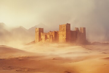 Fototapeta premium A medieval fortress bathed in golden light emerges from the shifting desert sands, a timeless symbol of human resilience and architectural prowess.