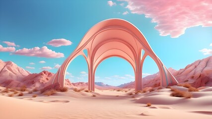 3d render Surreal pastel landscape background with geometric shapes, abstract fantastic desert dune in seasoning landscape with arches, panoramic, futuristic scene with copy space, blue sky and cloudy