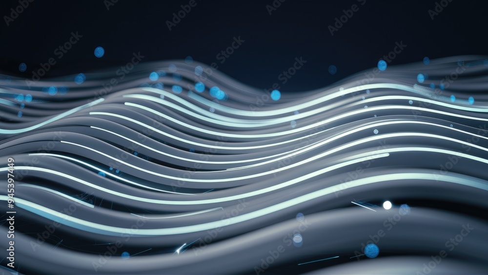 Poster sleek gray and blue wave patterns with luminous lines, creating a technological backdrop ideal for e