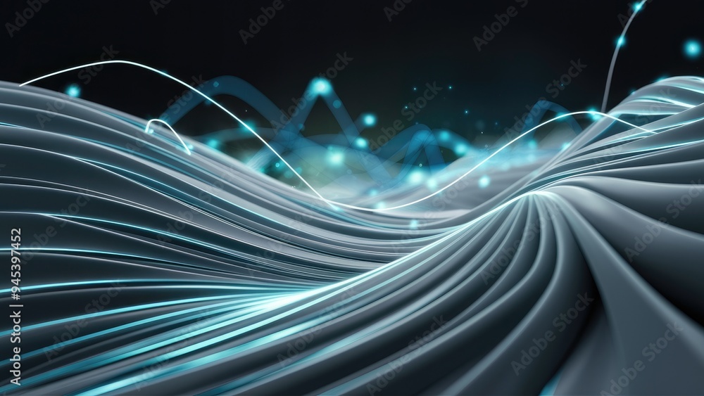 Poster sleek gray and blue wave patterns with luminous lines, creating a technological backdrop ideal for e