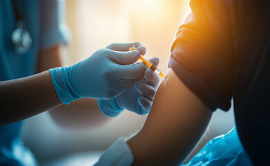 A healthcare professional administering a vaccine injection to a young child, emphasizing immunization and care.