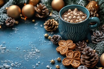 Hot chocolate in a cup surrounded by festive holiday decor