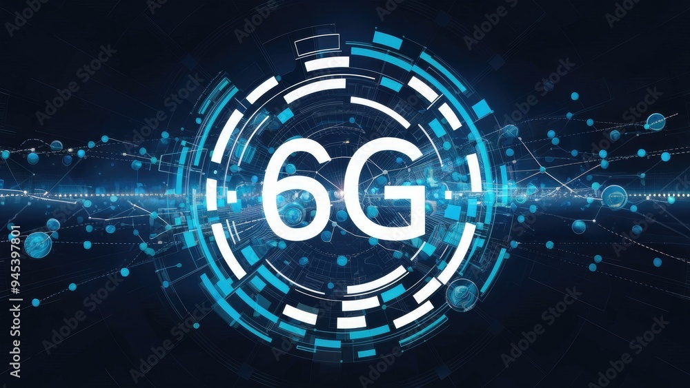 Poster spots and 6g text on dark background - abstract digital interface concept for global business