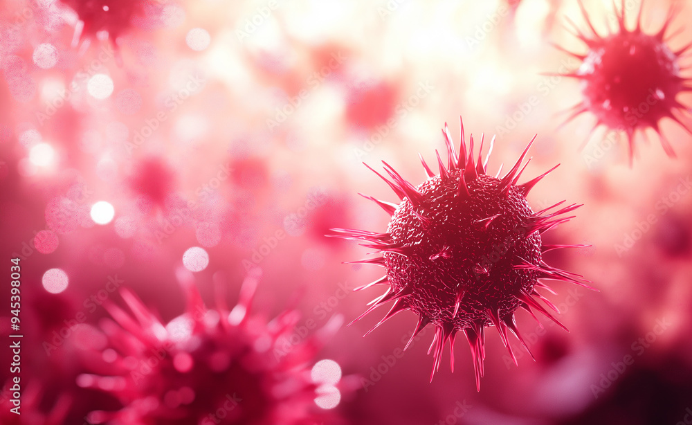 Poster digital representation of mpox virus particles floating in a pink, abstract environment, highlightin