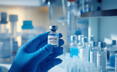 Fototapeta premium A gloved hand holding a vial labeled 