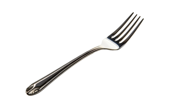 High-resolution stainless steel fork isolated on transparent background, ideal for culinary arts, food photography, and kitchenware design projects