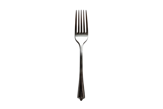 High-resolution stainless steel fork isolated on transparent background, ideal for culinary arts, food photography, and kitchenware design projects