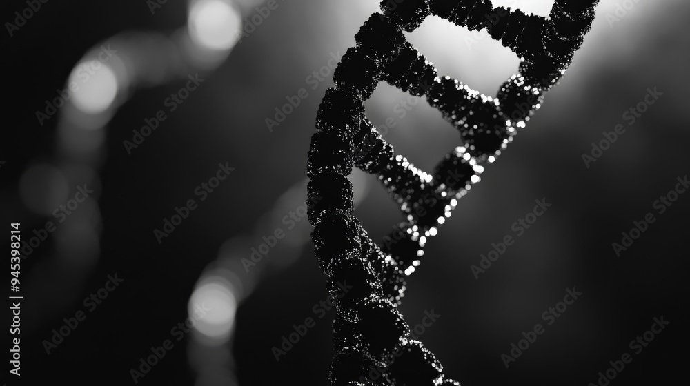 Poster a detailed close-up image of a dna molecule with a dark, dramatic background, highlighting the intri