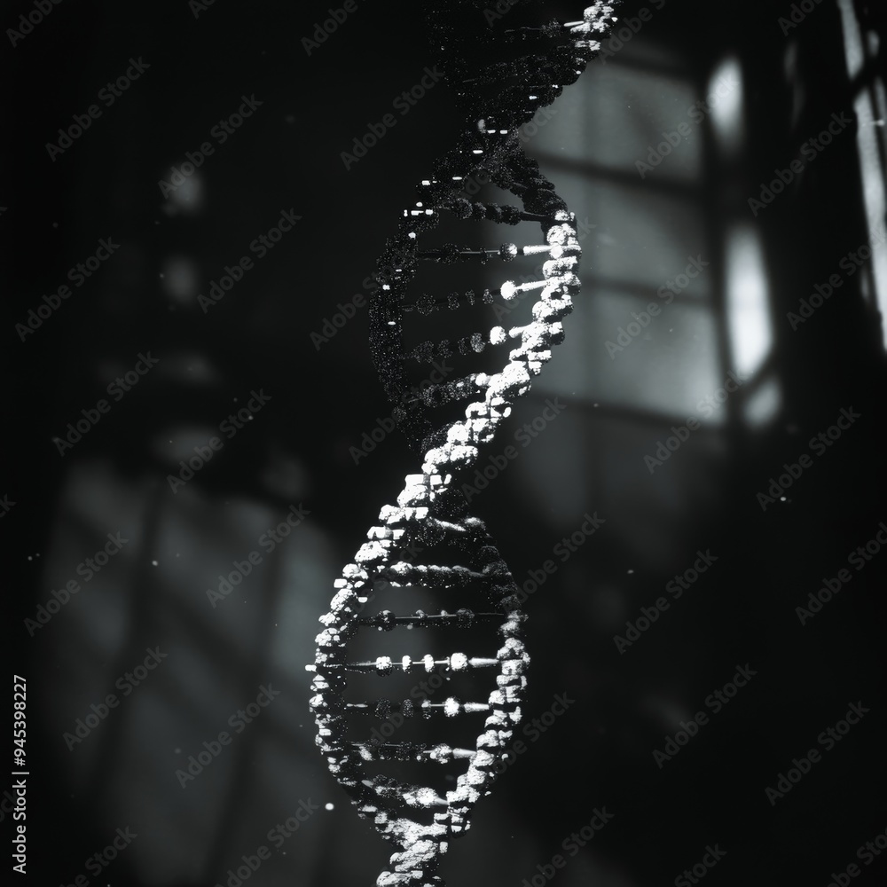 Poster An artistic rendition of a DNA helix, illuminated by soft lighting, showcasing the beauty and complexity of genetic material in a visually appealing manner.