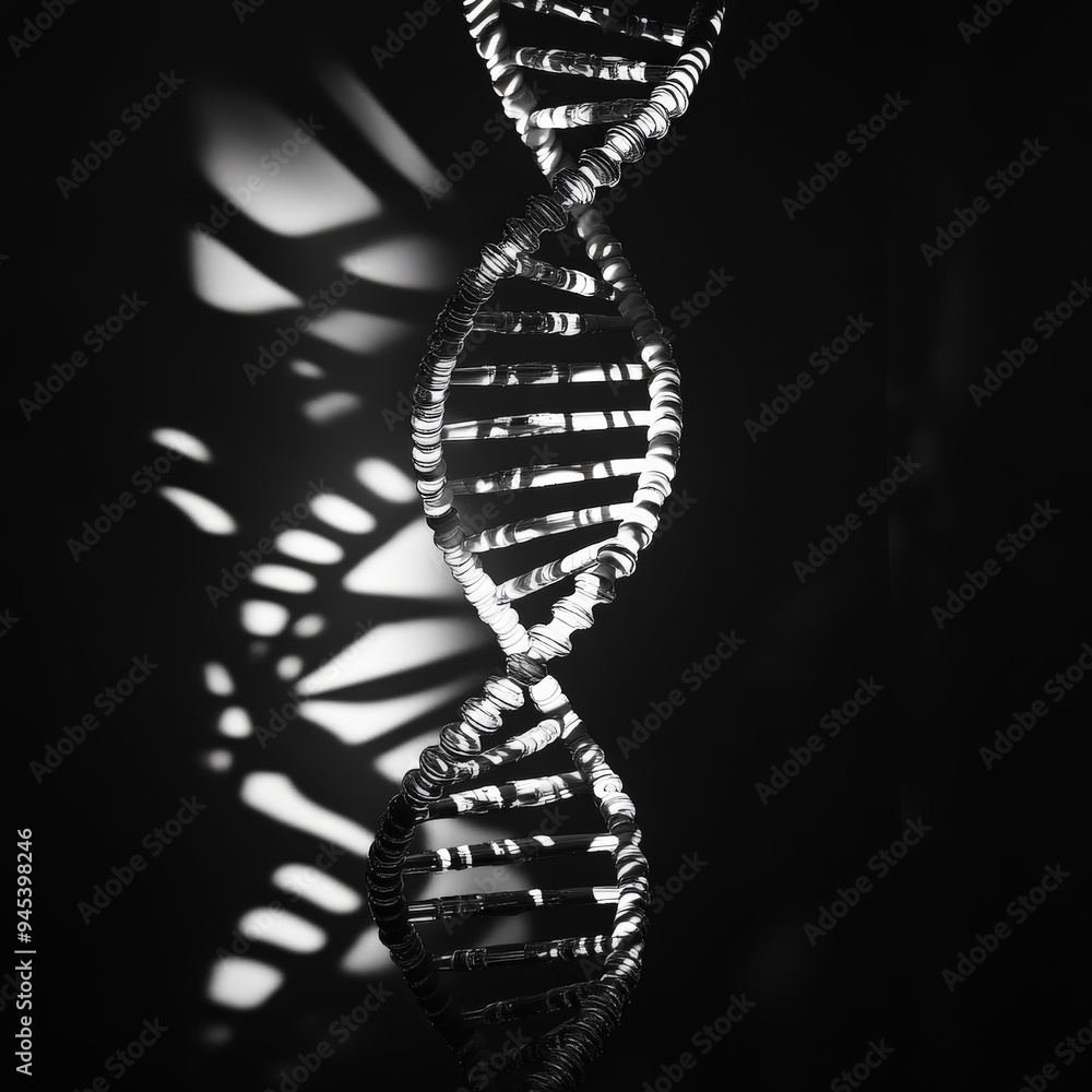 Poster A monochrome depiction of a DNA helix intertwined with shadows and light, emphasizing the intricate design and elegant form of genetic material.