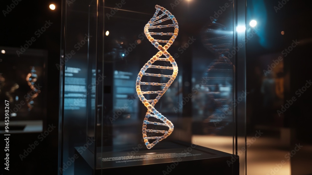 Aufkleber a dna model exhibited in an illuminated glass display case within a modern museum, representing the 