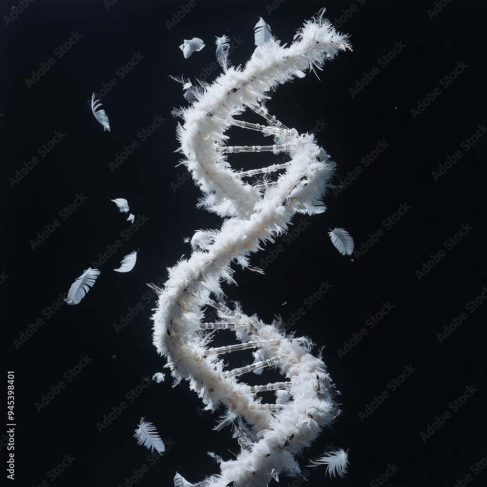 Poster a unique and delicate dna structure made entirely of white feathers, artistically arranged to form a