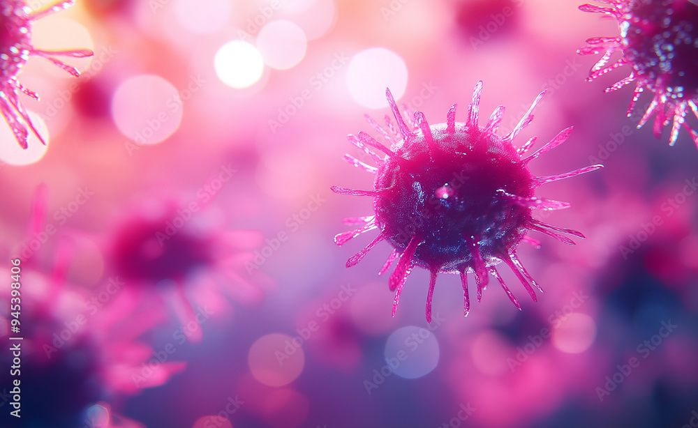 Poster digital representation of mpox virus particles floating in a pink, abstract environment, highlightin