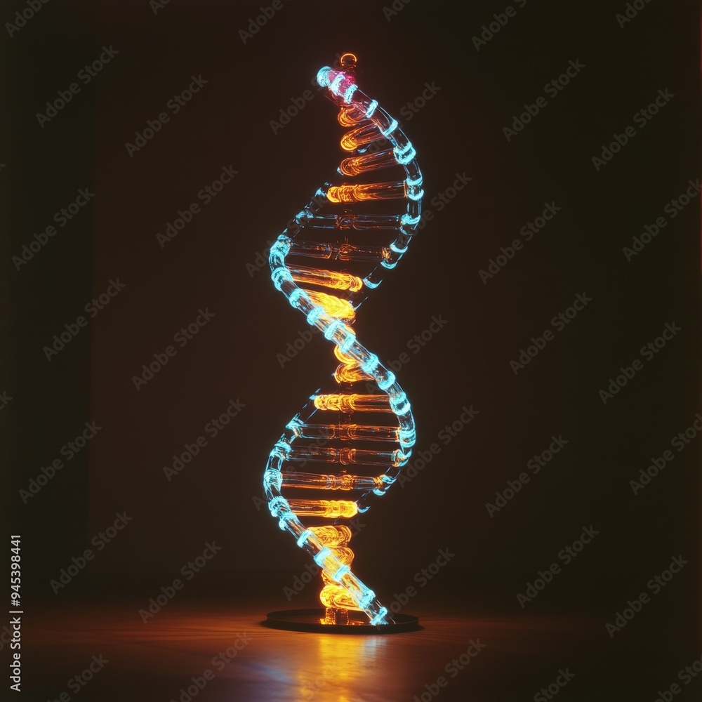 Poster an electrifying dna structure illuminated with neon blue and orange lights, creating a striking visu