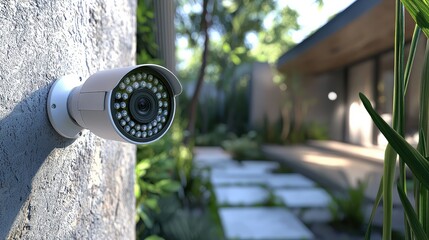 Naklejka premium Modern outdoor surveillance camera mounted on a wall, providing security in a lush garden environment.