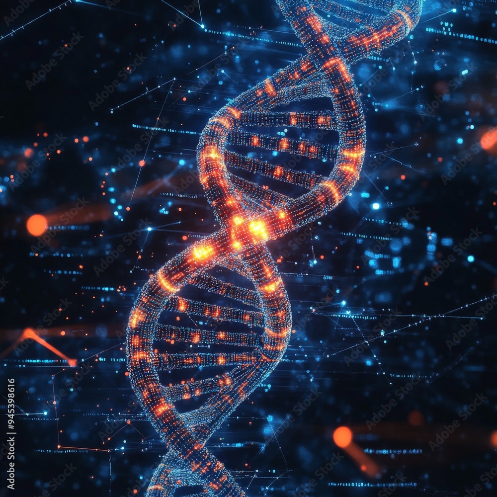 Poster a visually compelling dna strand emerging within a matrix of digital connections, enhanced with neon