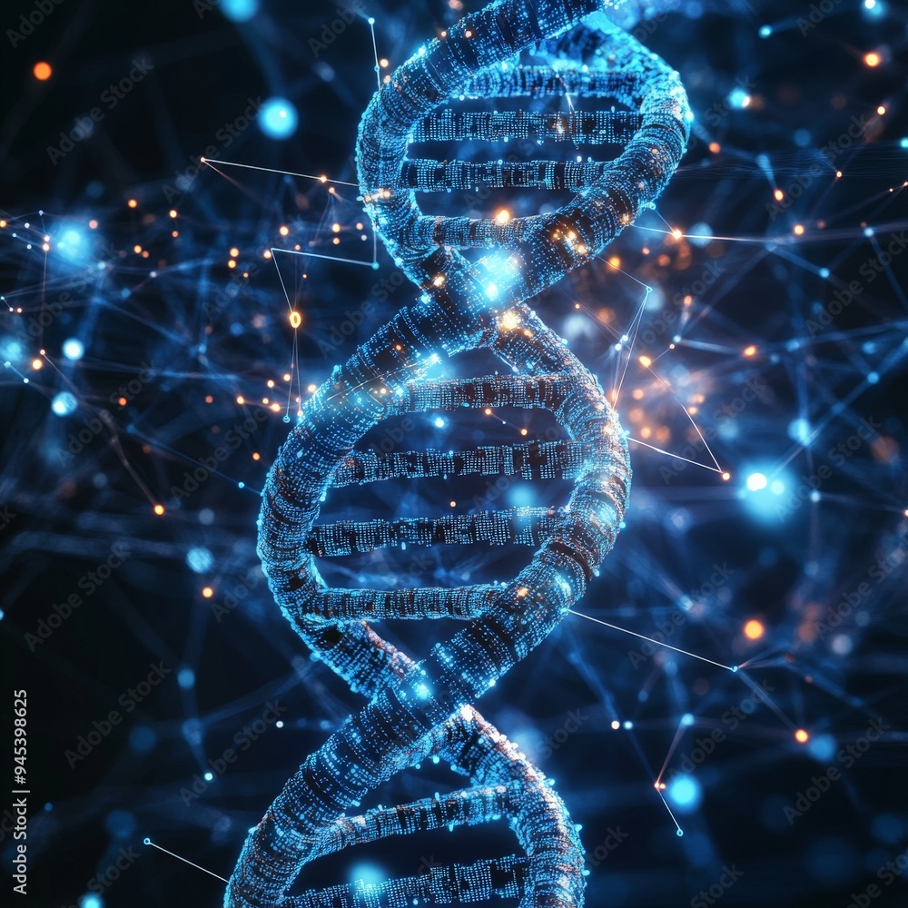 Aufkleber an abstract representation of a dna strand, intricately illuminated with glowing blue lights, symbol