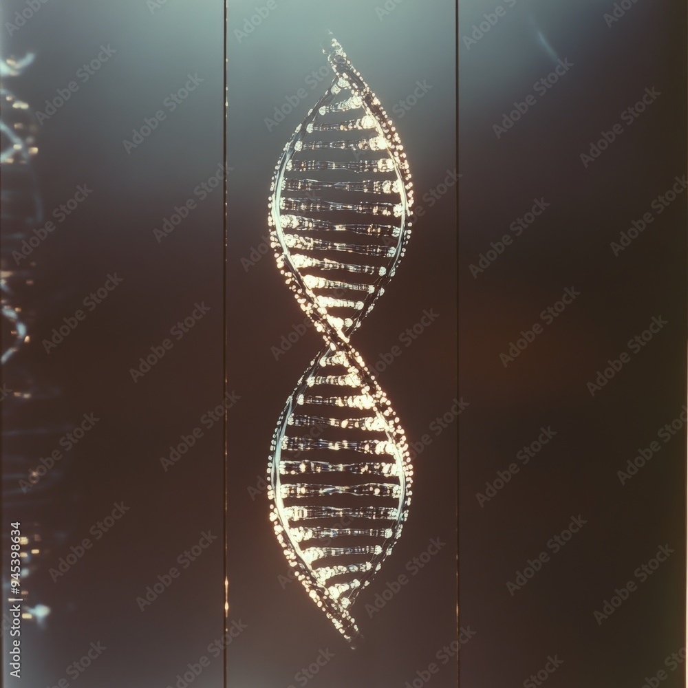 Poster This image features an illuminated golden DNA helix captured in an abstract, high-tech presentation setting, symbolizing the cutting edge of genetic research and biotechnological advancements.