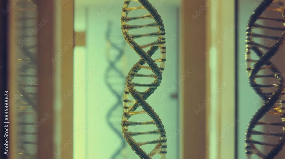 Aufkleber The image shows an artistic DNA helix installation as part of a science-focused exhibition, highlighting the intersection of biological science with creative representation.