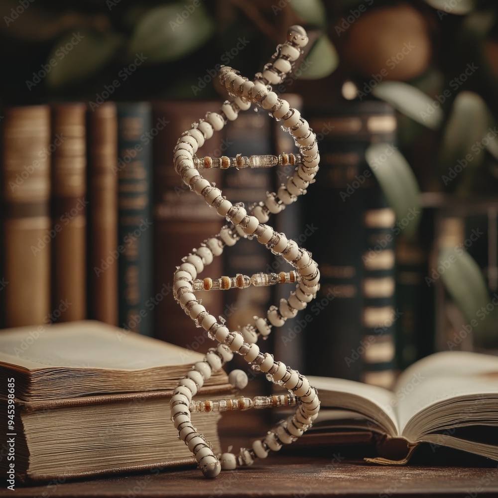 Poster a detailed beaded dna model stands prominently amidst an array of old books on a wooden table, symbo