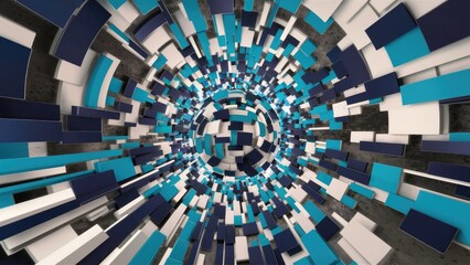  Surreal 360-Degree VR Environment Featuring Abstract Blue and White Geometric Shapes in Motion - 3D Illustration