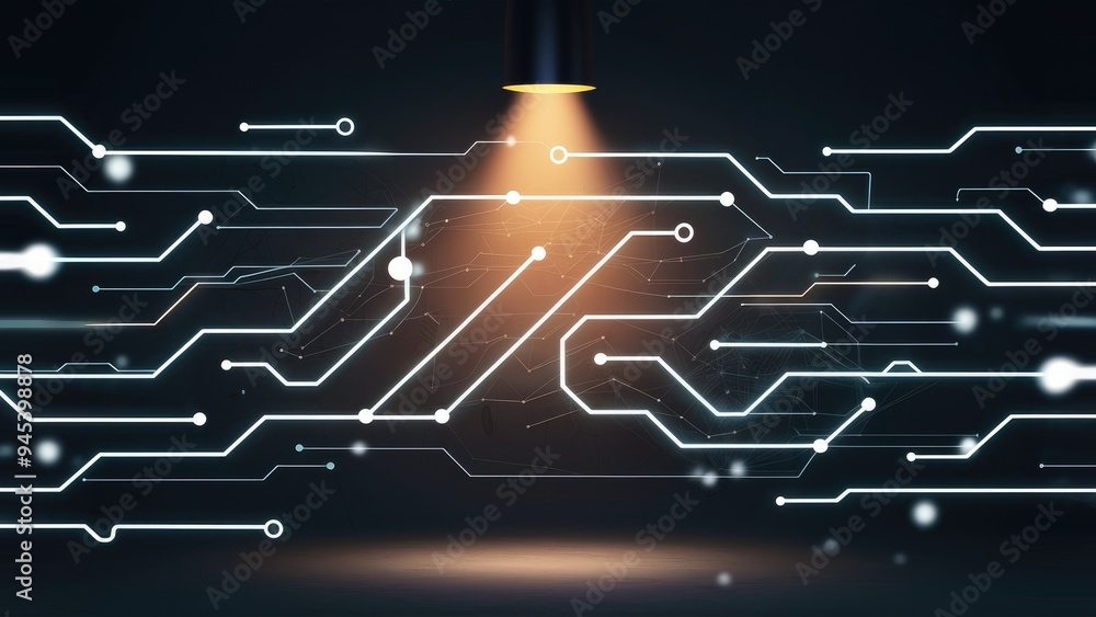 Poster tech-inspired abstract shapes with interconnected white lines and blurred dots on a dark backdrop il