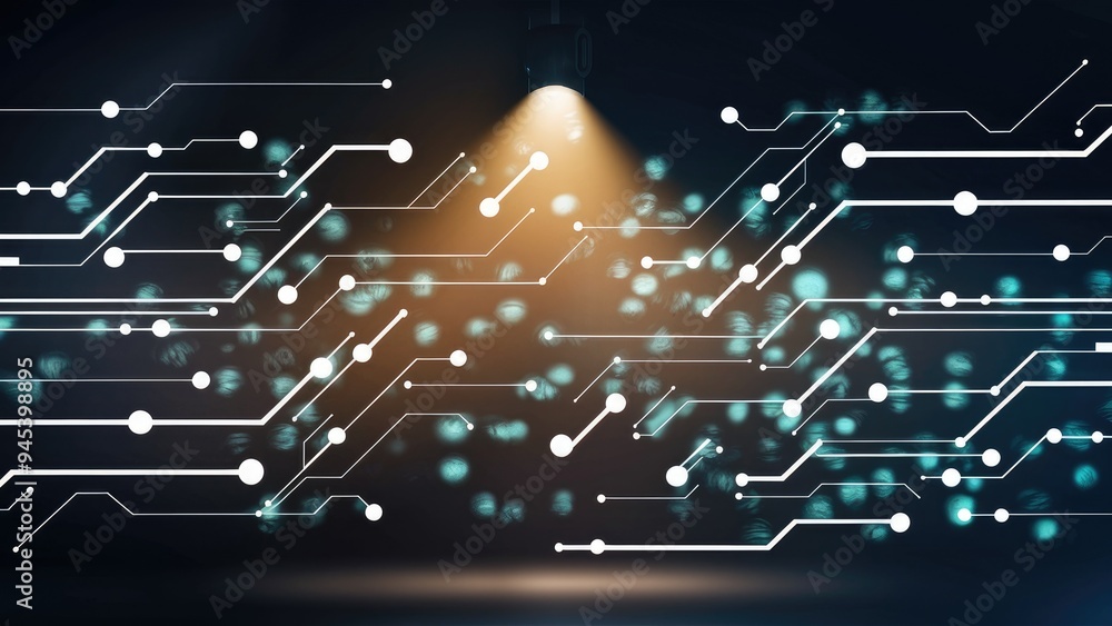 Poster tech-inspired abstract shapes with interconnected white lines and blurred dots on a dark backdrop il
