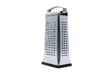 High-resolution stainless steel grater with handle isolated on transparent background for kitchen tools, culinary preparation, and food grating concepts in modern design projects