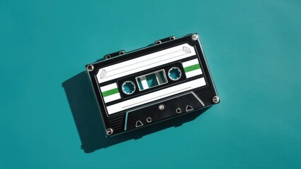 Top view composition of a compact music cassette tape case with shadow details