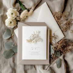 Wedding invitation mockup. Closeup of blank card mock-up and craft envelope in sunlight. Dry plants, white linen table cloth background. Summer vacation concept. Boho design. Flat lay, top.