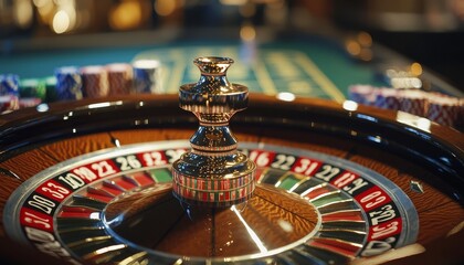 Vibrant casino scene featuring roulette wheel surrounded by colorful poker chips