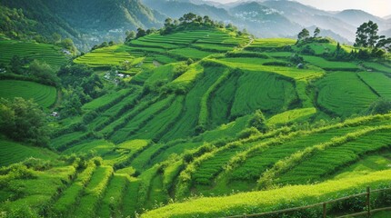 This photo depicts a lush, green landscape in what seems to be a tea plantation. The land is terraced, with rows of tea plants neatly arranged along the slopes of small hills. Tall, slender trees are