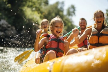 A joyful family enjoys a rafting adventure on the river with kids laughing and wearing life jackets, capturing a moment filled with wet splashes and sheer happiness.