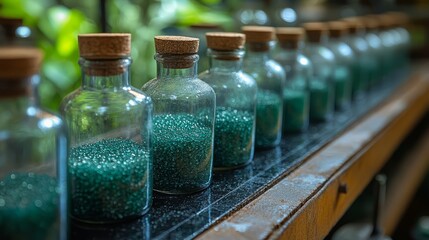 Detailed view of green bioplastic particles in a laboratory setting, showcasing their application