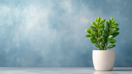 Green Plant in White Pot on Blue Background with Copy Space