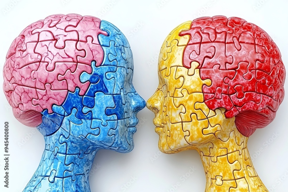 Poster two human profiles made of red and blue puzzle pieces facing each other symbolize the dynamic exchan