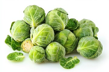 Fototapeta premium A cluster of fresh Brussels sprouts with green leaves on a white background.