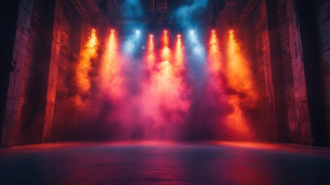 dynamic concert stage dramatic lighting with colorful spotlights smoke effects empty stage ready for performance anticipatory atmosphere