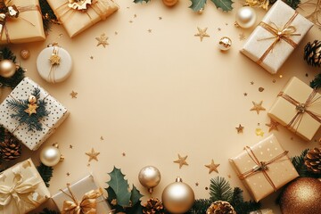 Luxurious Christmas gifts and golden ornaments arranged in an elegant circle, surrounded by festive decorations.