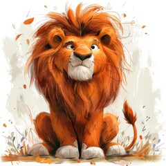 Naklejka premium A friendly lion sits in a field of grass, looking up with a curious expression. The lions mane is ruffled, and there are a few fallen leaves around him