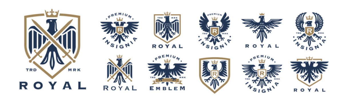 Collection of elegant royal eagle logos and emblems set featuring a crown. Perfect for premium branding, insignias, and vector design elements.