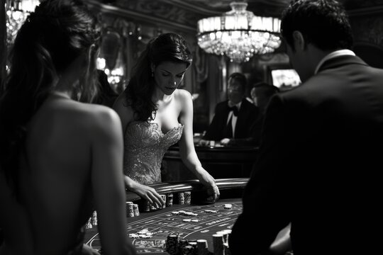 High society friends engaged in exciting gambling activities at a luxurious casino