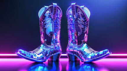 Disco balls like cowboy boots on a neon background. Contemporary style. Creative art, disco aesthetics.