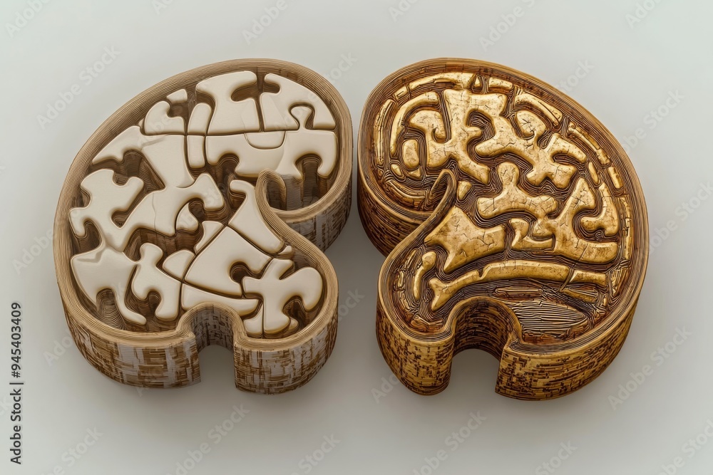 Poster a wooden brain model composed of interlocking puzzle pieces symbolizes the complexity of thought and