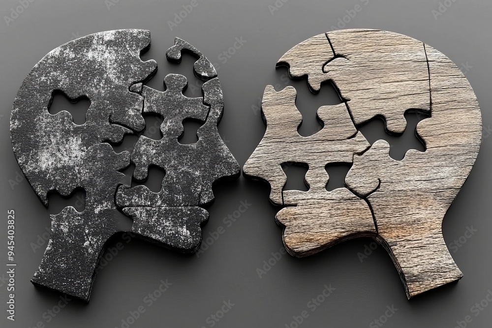 Poster two human profiles made of fragmented stone and wood puzzle pieces symbolize the complexity of thoug