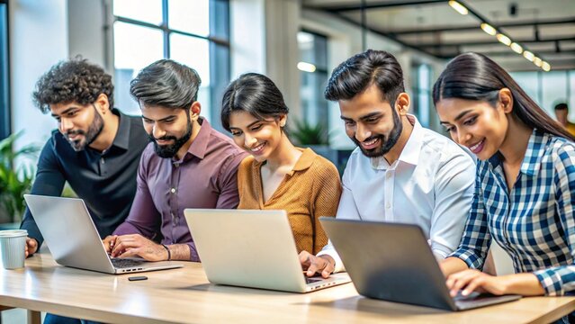 Indian young professionals working in an innovation lab using laptops to research new technologies.