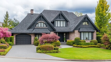 A modern home with a black roof, brick facade, and lush landscaping.